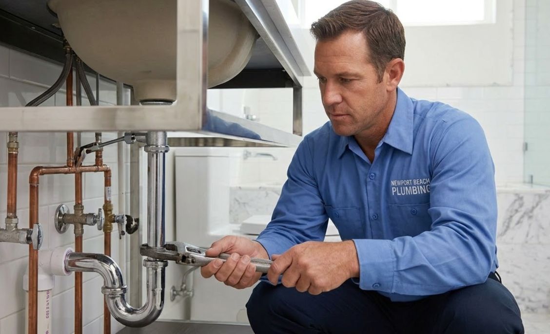 Licensed Best Plumbing Newport Beach technician performing professional under-sink pipe repair